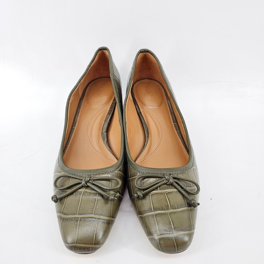 Talbots Ballet Flats Womens 7.5M Olive Croc Embossed Leather Bow Square Toe